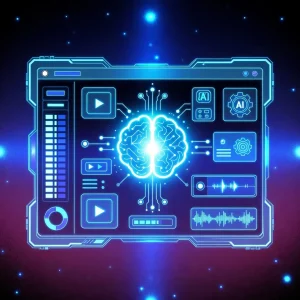 Grafis abstrak yang menunjukkan koneksi antara data, algoritma AI, dan output video digital.