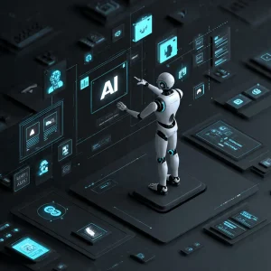 Ilustrasi visualisasi data dan produksi video otomatis dengan teknologi kecerdasan buatan