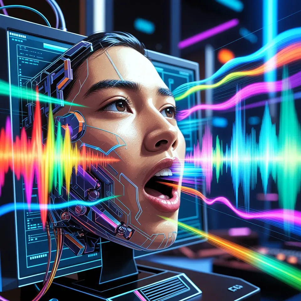 Ilustrasi seorang profesional menggunakan software AI canggih untuk menyempurnakan sinkronisasi bibir pada video digital.